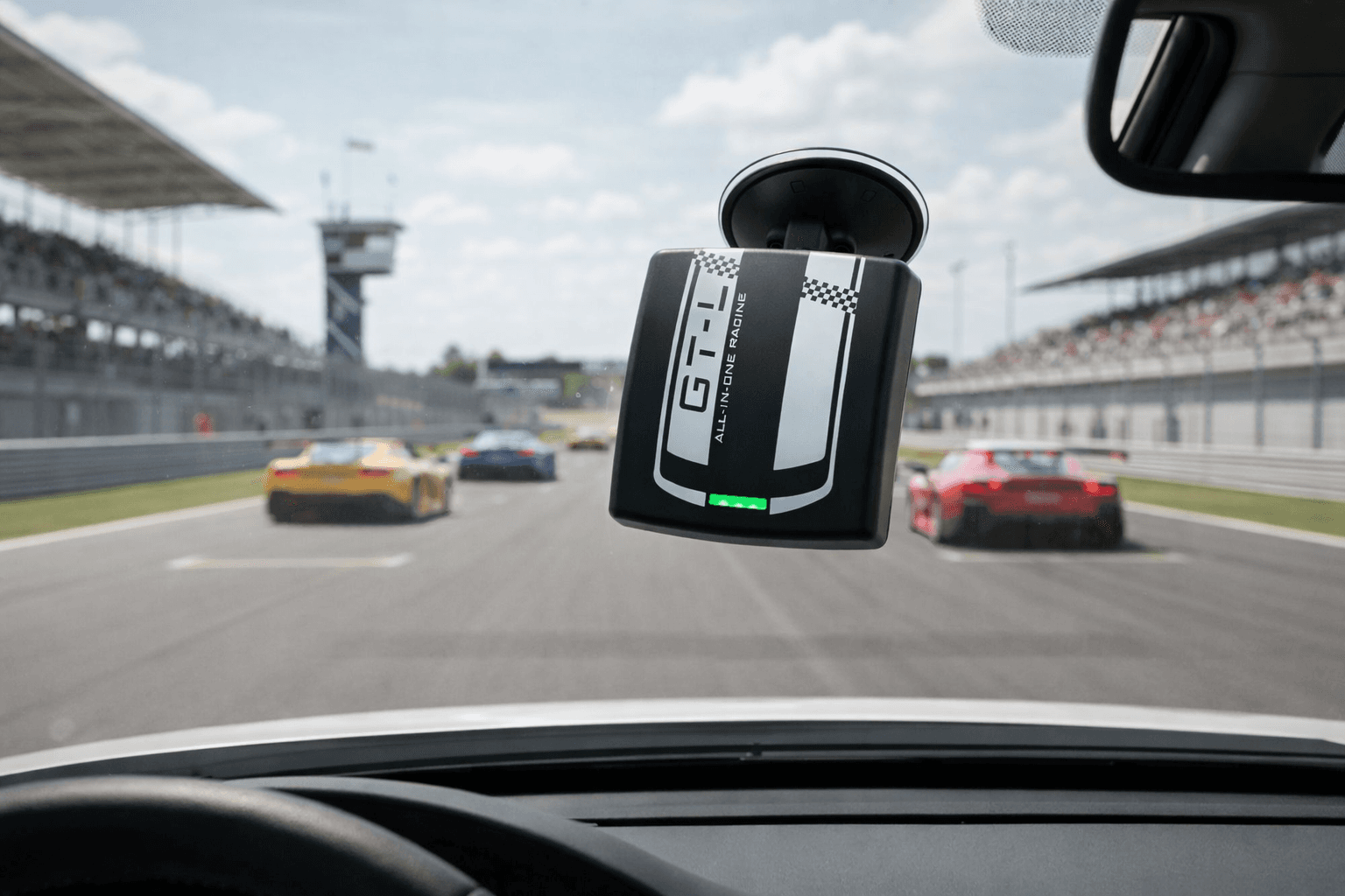 GTLaunch device mounted on windshield during race